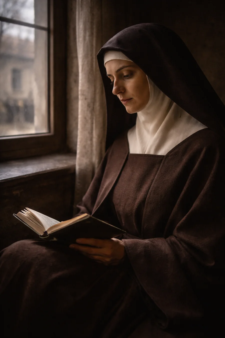 Edith Stein recreated reading in Carmelite habit. AI-generated artistic recreation; not a historical photograph.
