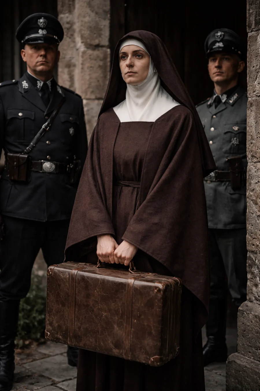 Depiction of Edith Stein’s arrest. AI-generated artistic recreation; not a historical photograph.