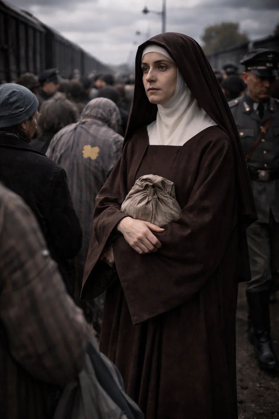 Depiction of Edith Stein’s deportation. AI-generated artistic recreation; not a historical photograph.
