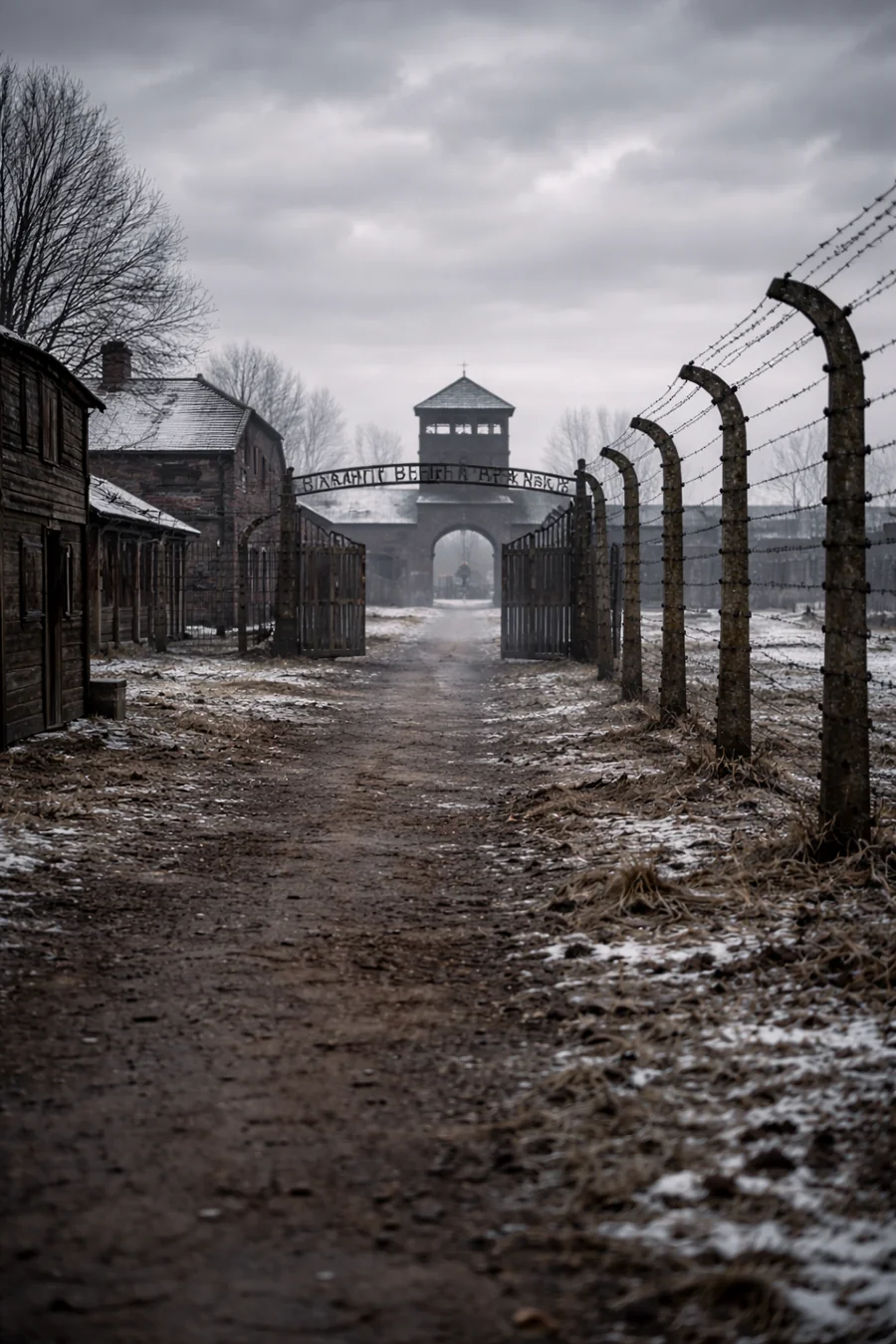 Symbolic scene of a Nazi camp; not a reconstruction of an exact location. AI-generated artistic recreation; not a historical photograph.