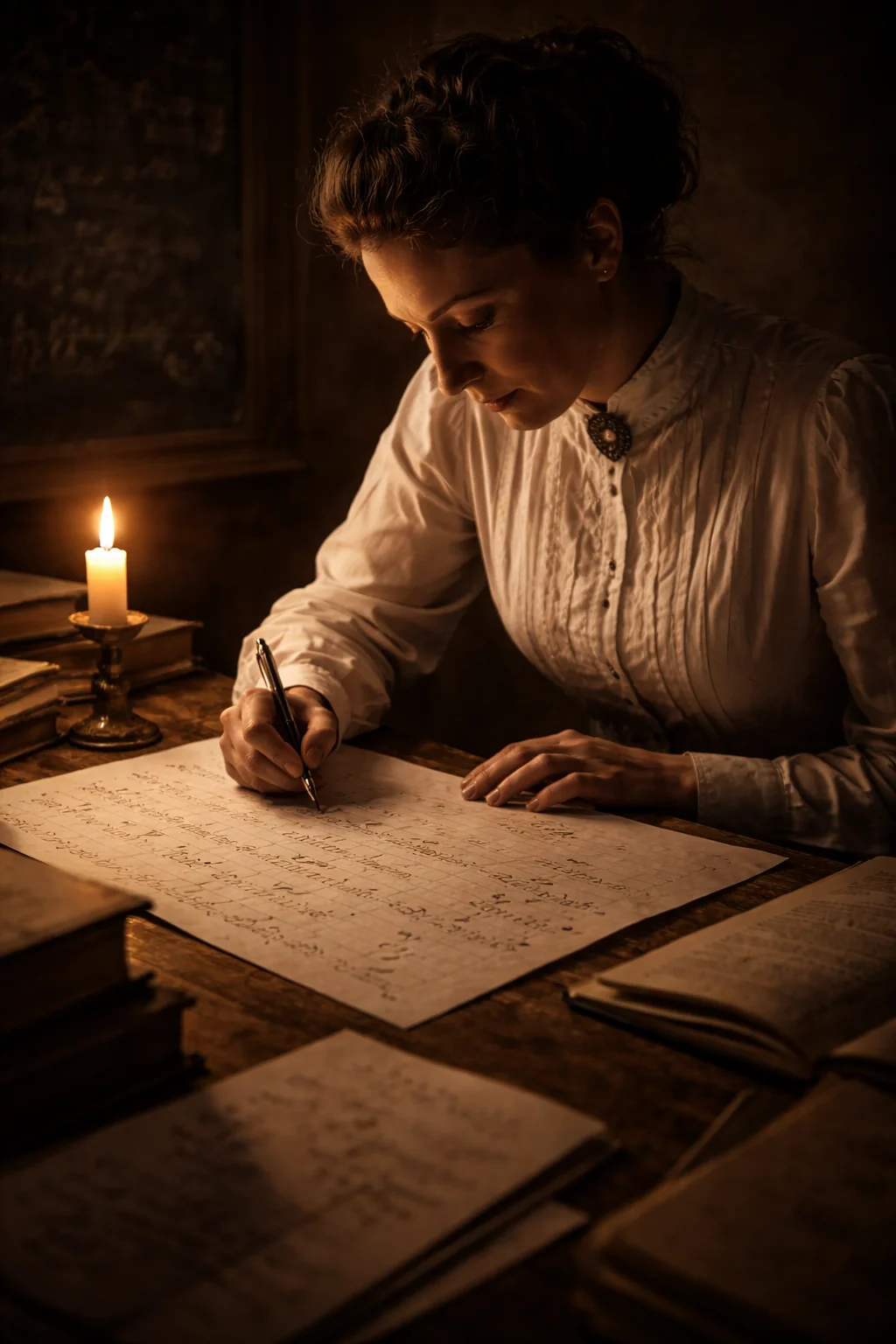 Emmy Noether: Ilustración generada con IA; representación artística, no documento histórico.