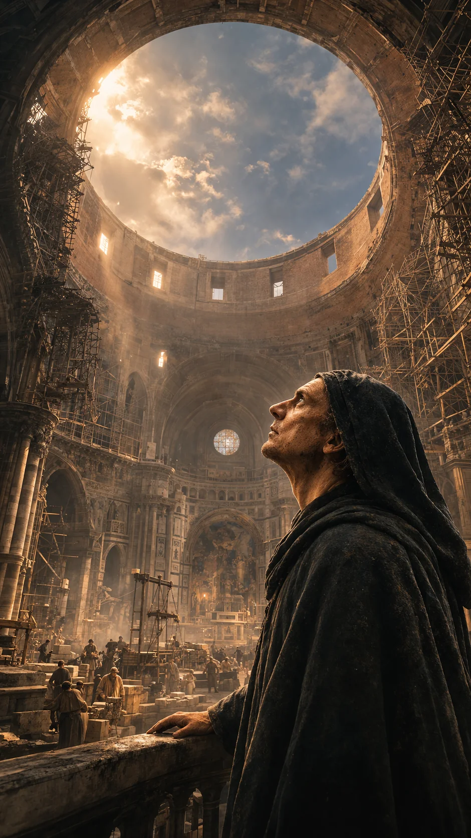 Brunelleschi bajo una abertura en construcción (recreación)