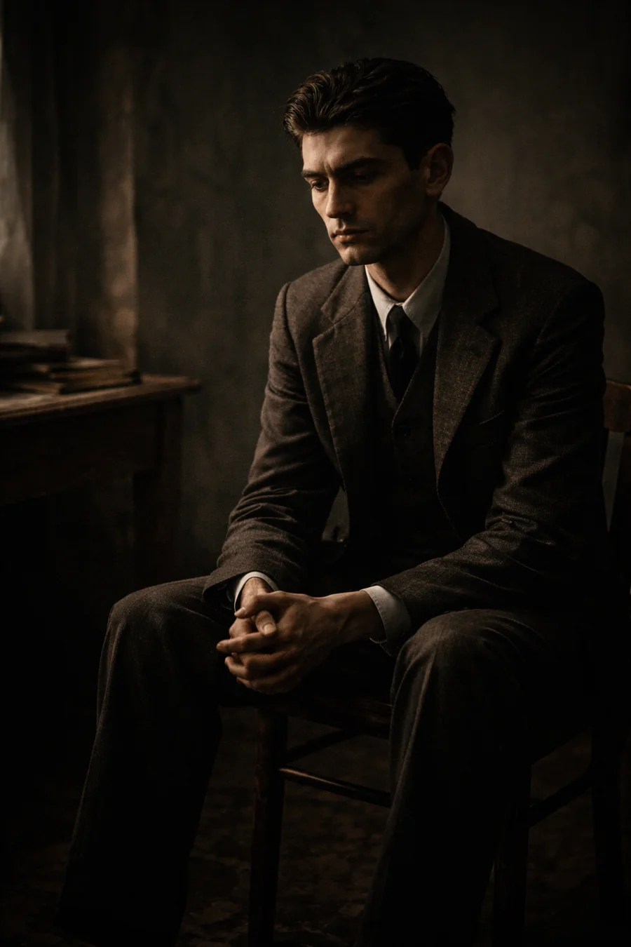 Imagined portrait of Kafka seated. AI-generated artistic recreation; not a historical photograph.