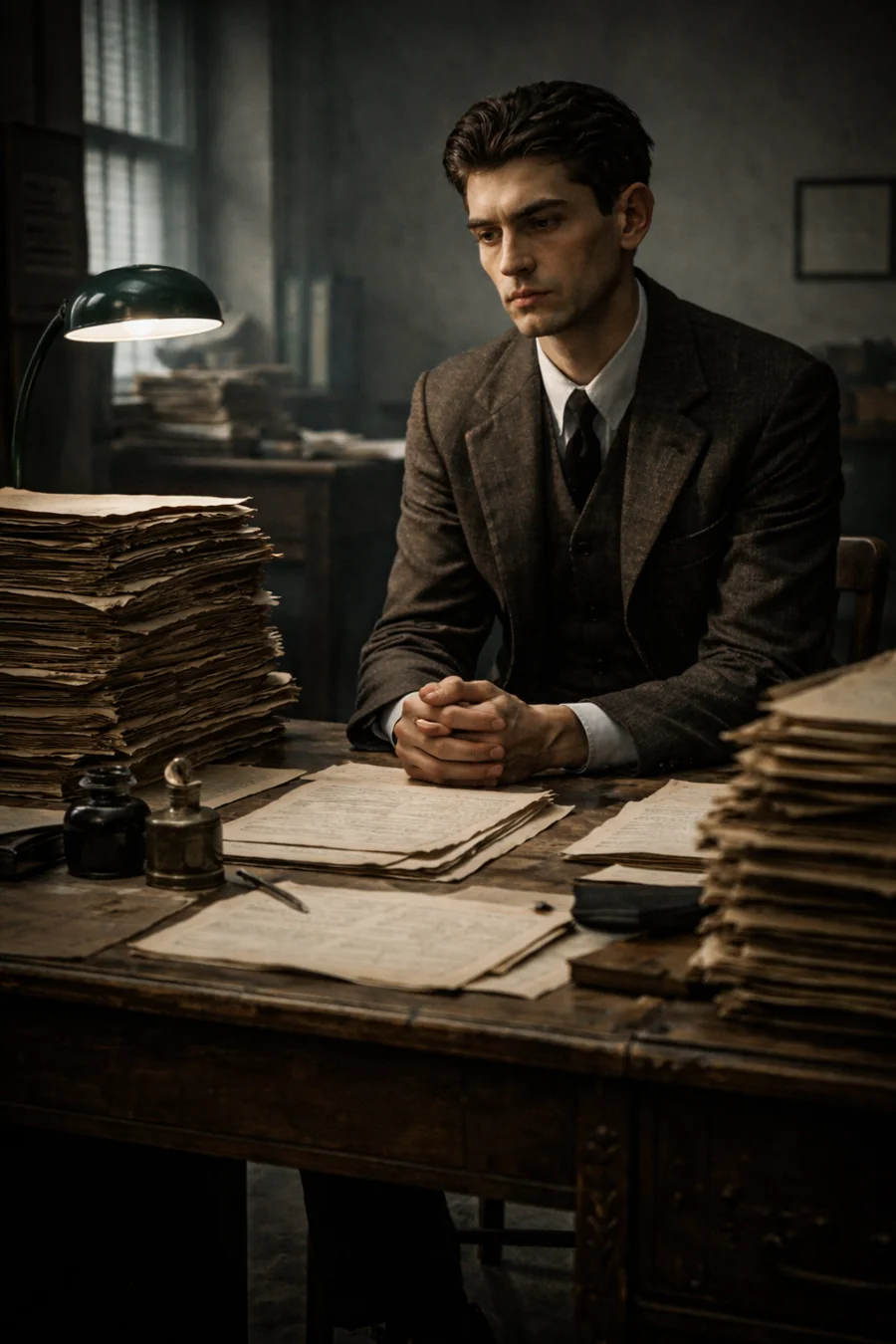 Kafka recreated in an office with files. AI-generated artistic recreation; not a historical photograph.