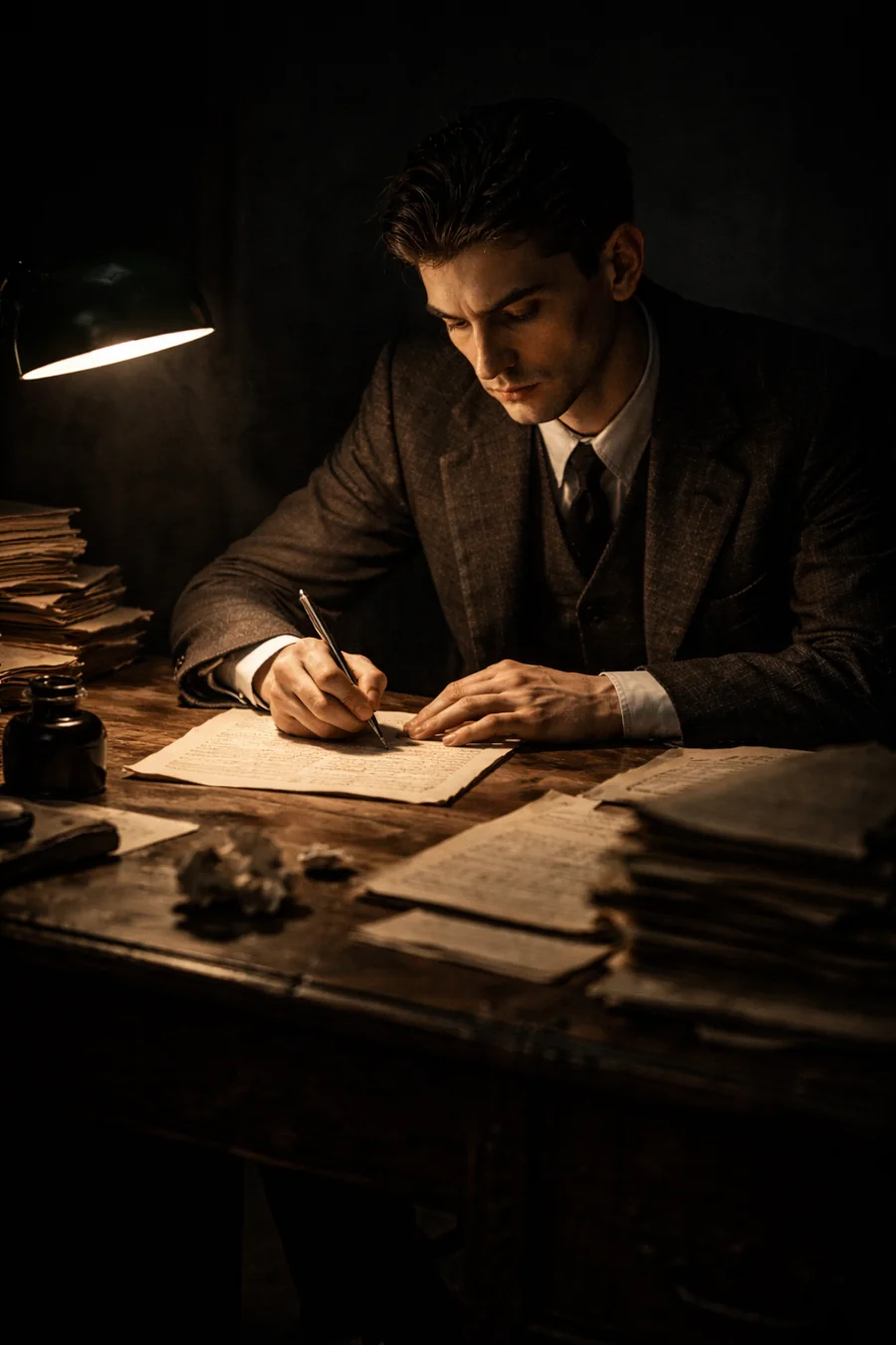 Kafka recreated writing at night. AI-generated artistic recreation; not a historical photograph.