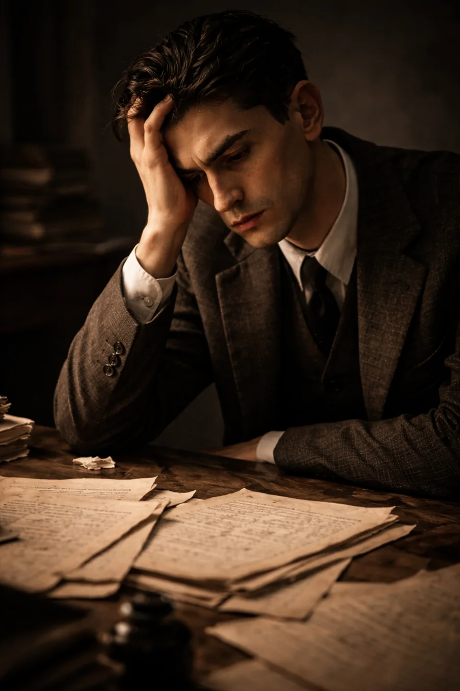 Depiction of Kafka before his manuscripts. AI-generated artistic recreation; not a historical photograph.