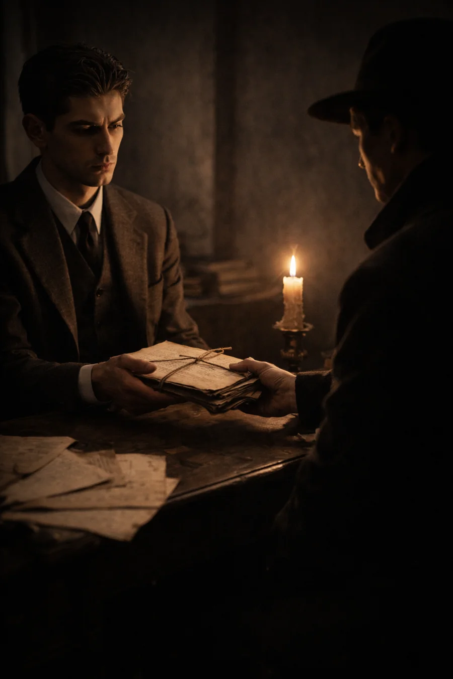 Imagined meeting between Kafka and another man with papers. AI-generated artistic recreation; not a historical photograph.