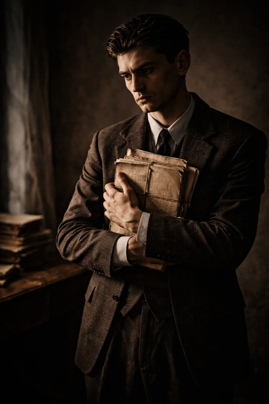 Kafka recreated holding notebooks. AI-generated artistic recreation; not a historical photograph.