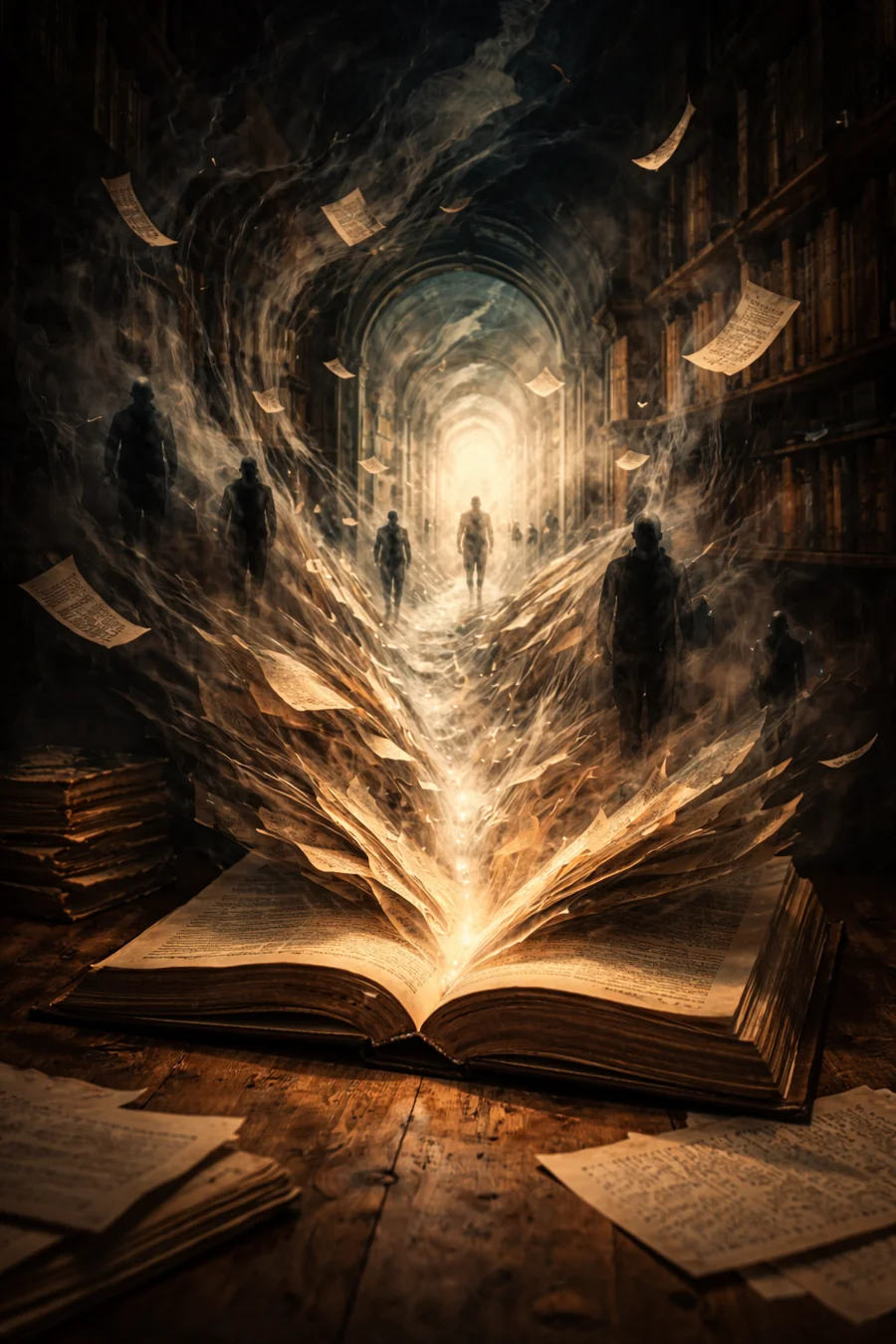 Book and fantastic architecture, an allegory of Kafka’s fiction. AI-generated artistic recreation; not a historical photograph.