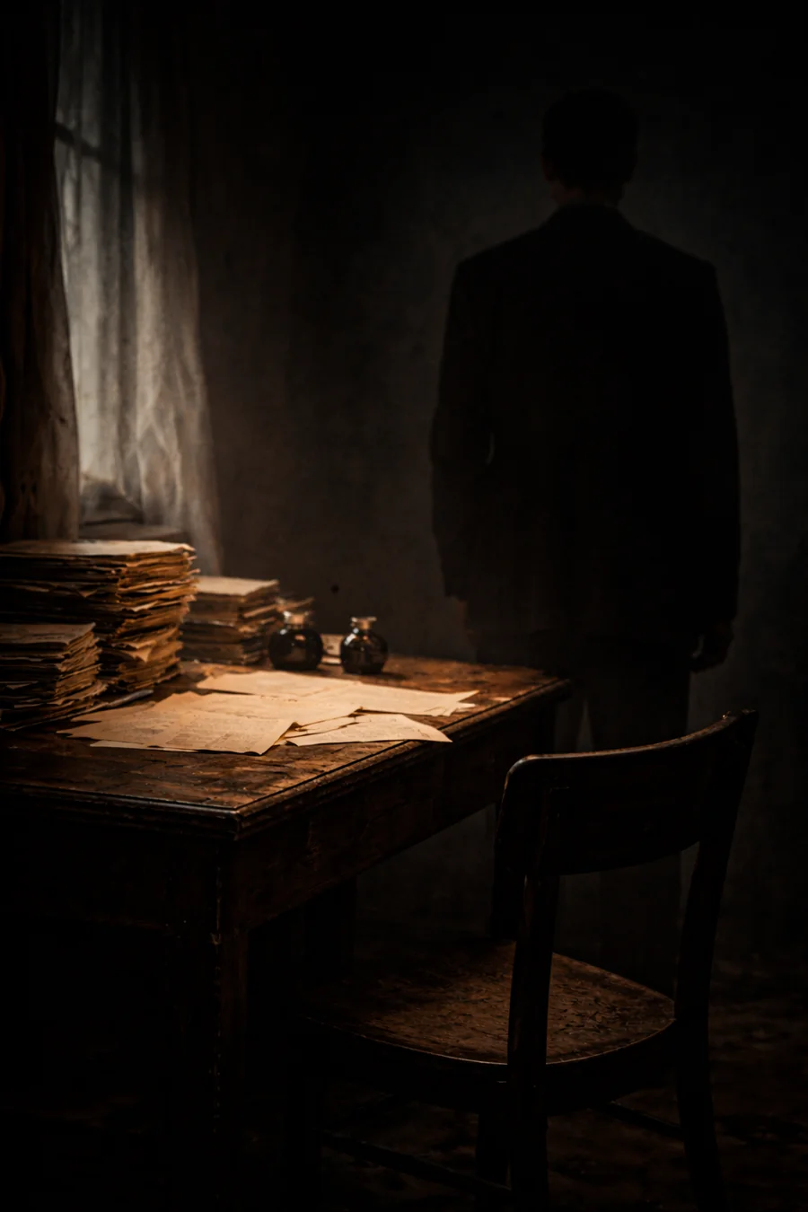 Figure beside a desk with manuscripts. AI-generated artistic recreation; not a historical photograph.
