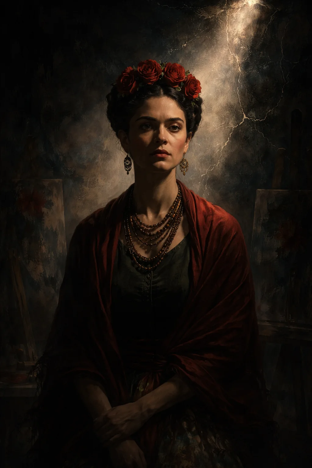 Symbolic portrait of Frida Kahlo. AI-generated illustration; an artistic reconstruction, not a historical document.