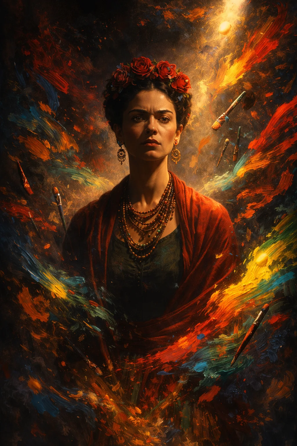 Frida Kahlo surrounded by colors and symbolic flames. AI-generated illustration; an artistic reconstruction, not a historical document.