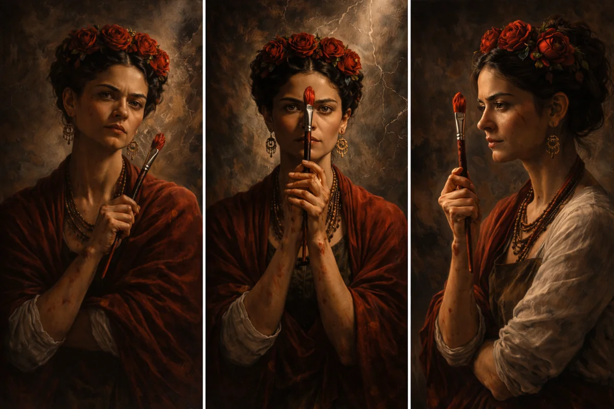 Composition of three artistic portraits of Frida Kahlo. AI-generated illustration; an artistic reconstruction, not a historical document.