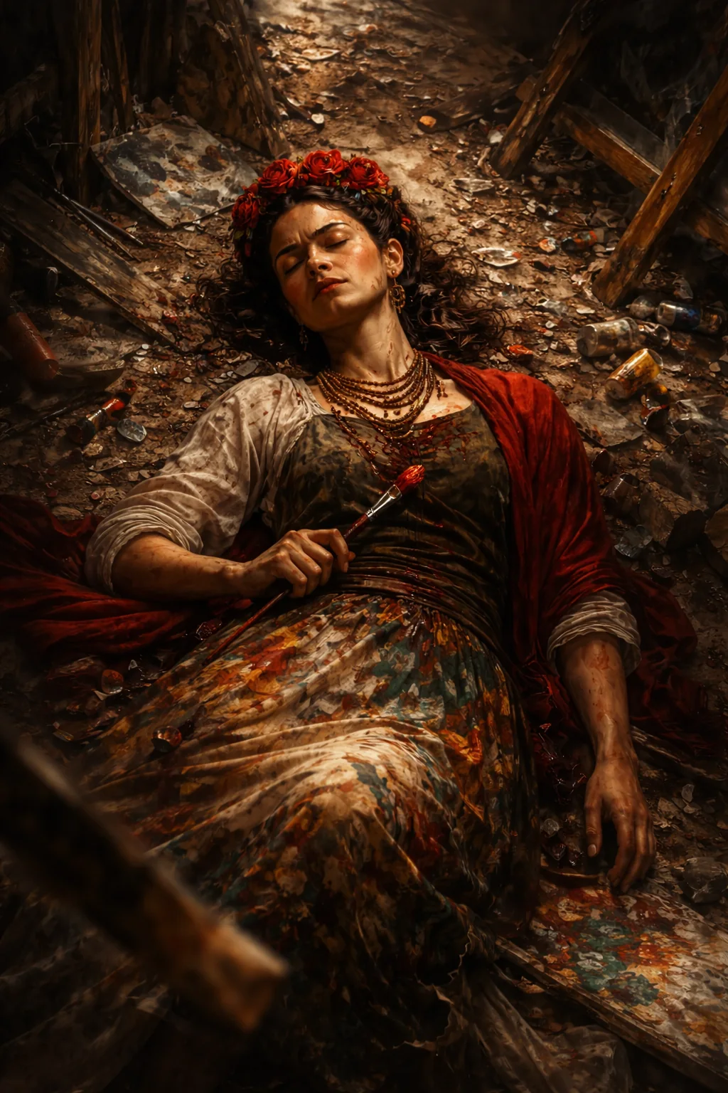 Symbolic depiction of Frida Kahlo resting. AI-generated illustration; an artistic reconstruction, not a historical document.