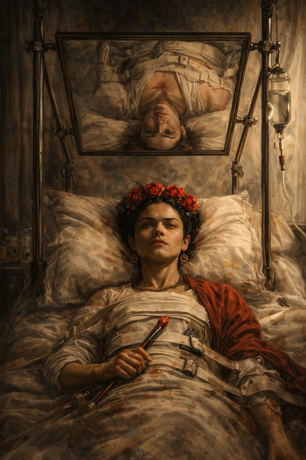 Recreation of Frida Kahlo painting in bed. AI-generated illustration; an artistic reconstruction, not a historical document.