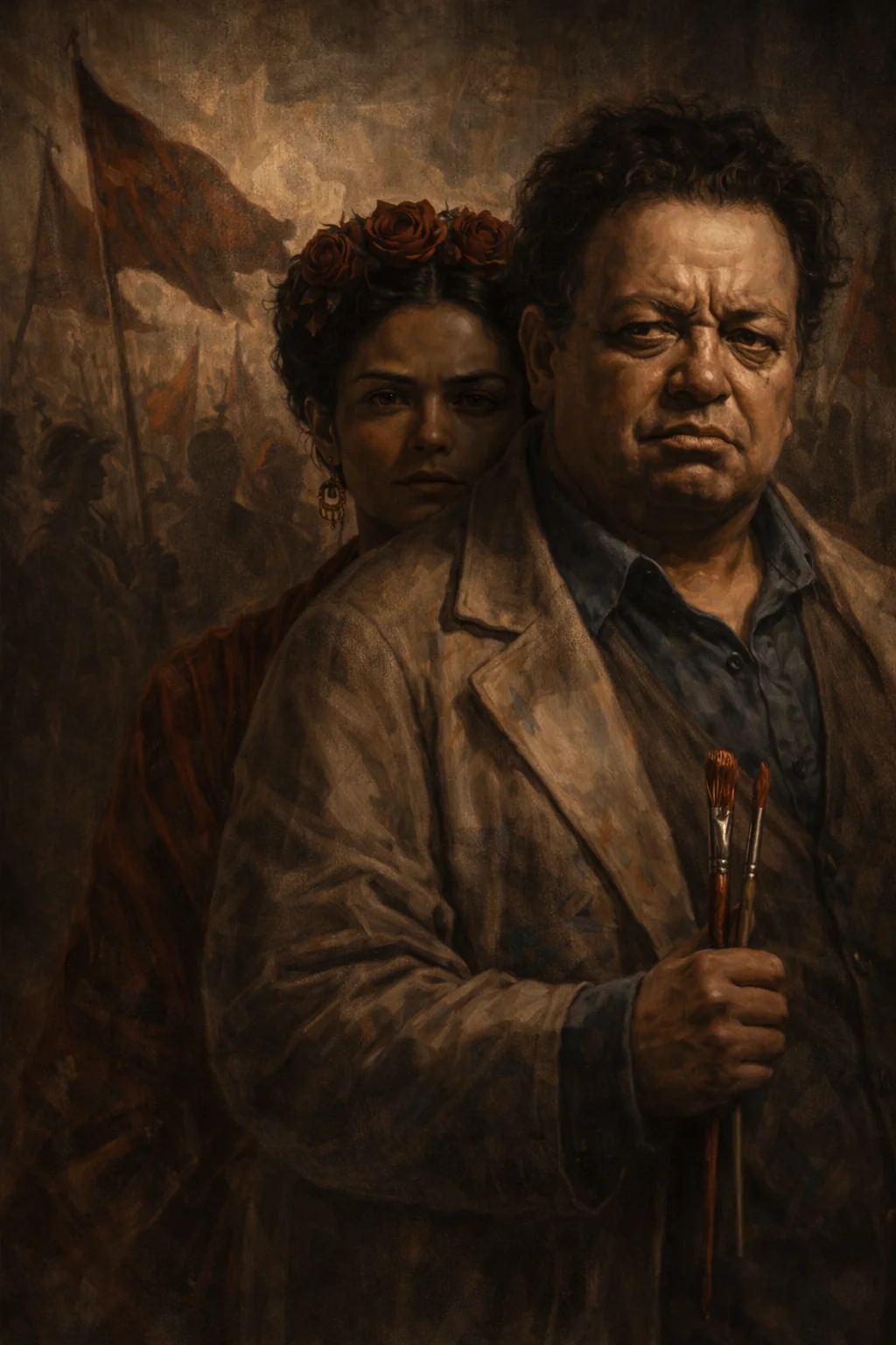 Recreation of Frida Kahlo with Diego Rivera. AI-generated illustration; an artistic reconstruction, not a historical document.