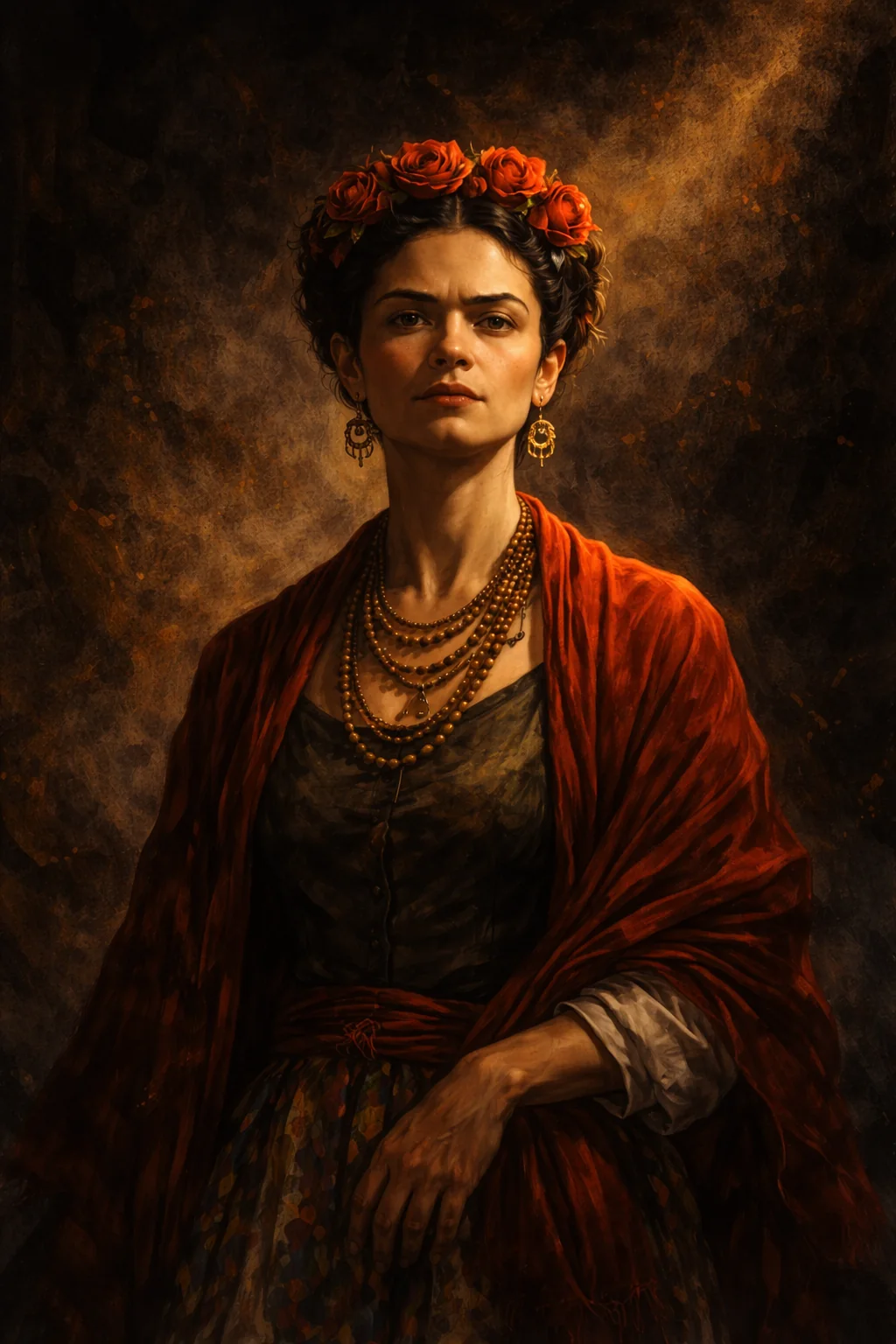 Artistic portrait of Frida Kahlo. AI-generated illustration; an artistic reconstruction, not a historical document.