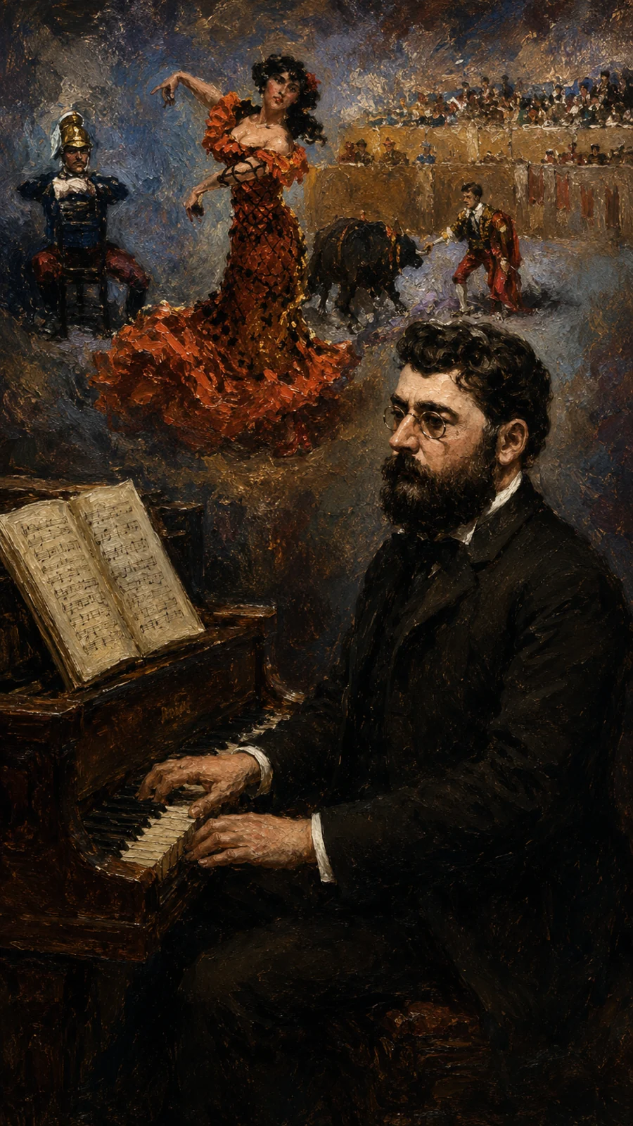 Bizet at the piano in a symbolic Carmen composition — IA