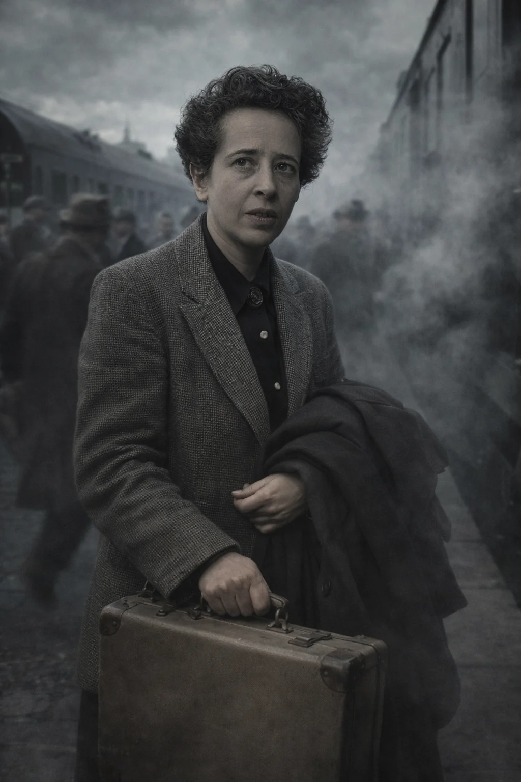 Hannah Arendt with a suitcase in exile, recreation