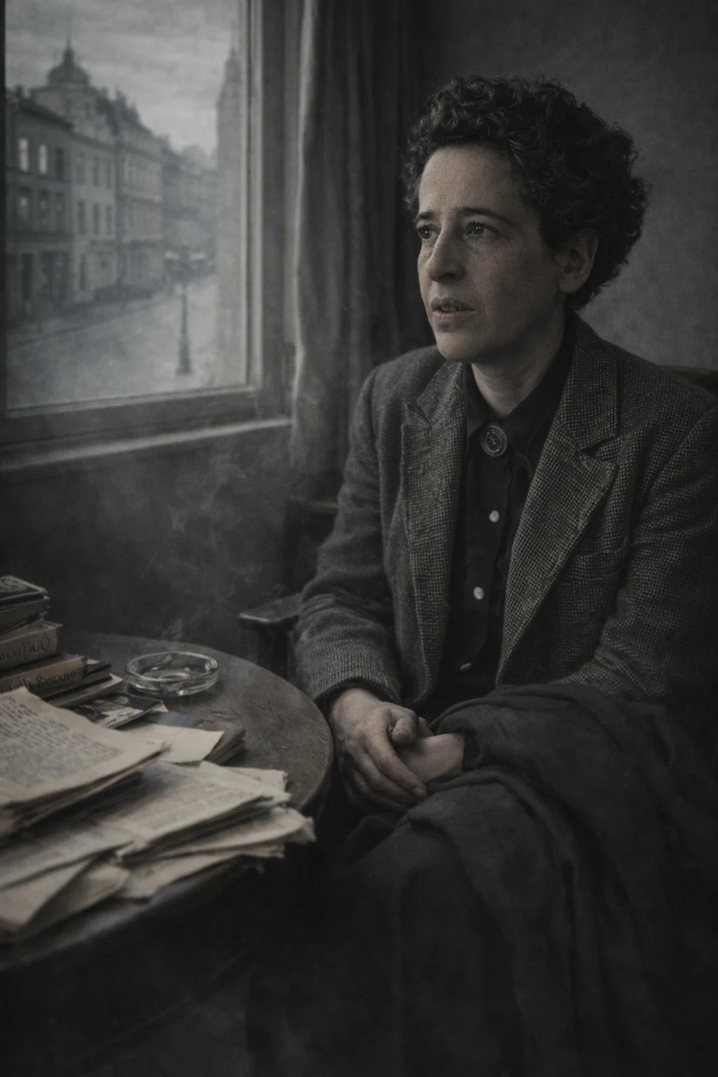 Hannah Arendt beside a window, recreation