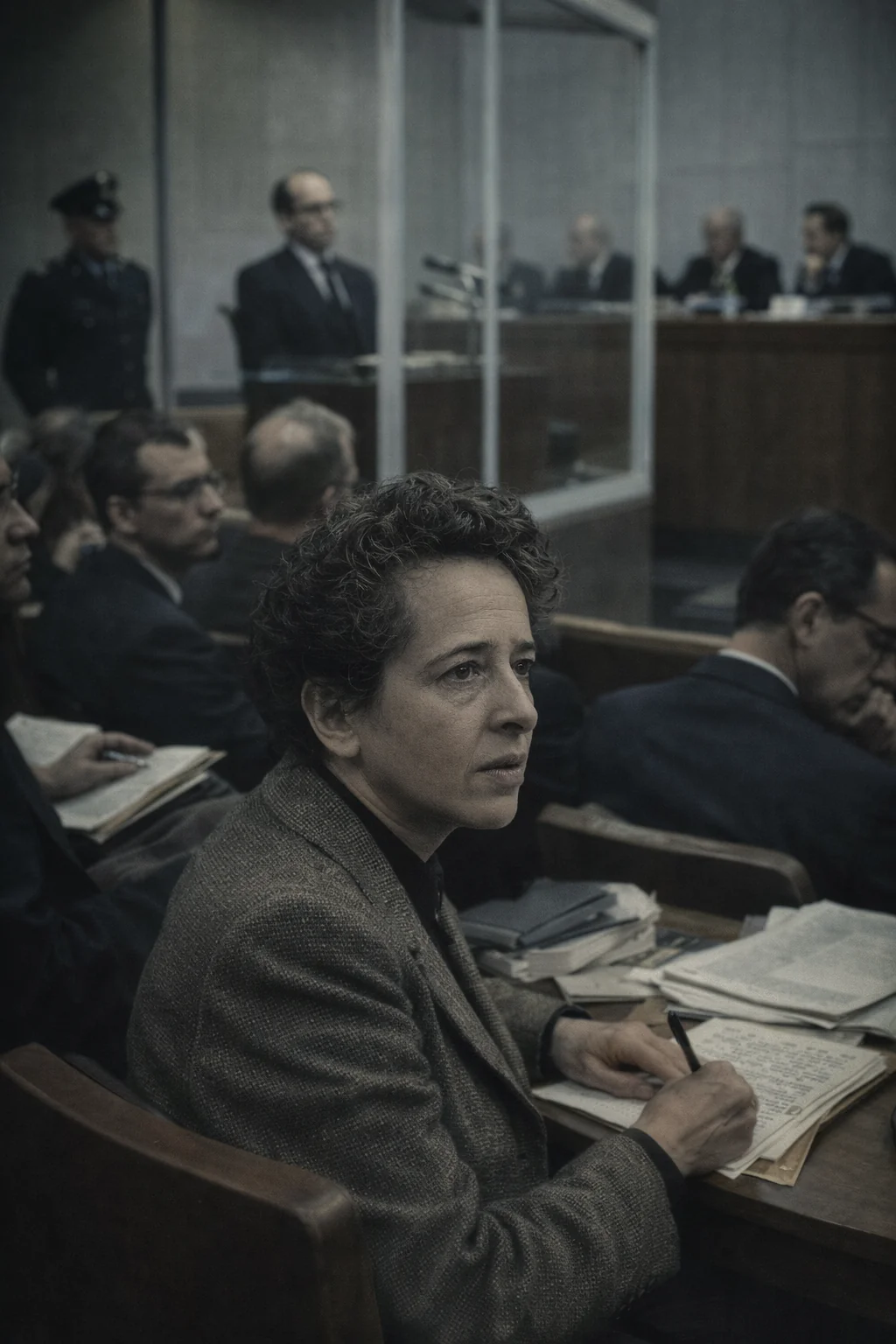 Hannah Arendt at the Eichmann trial, recreation