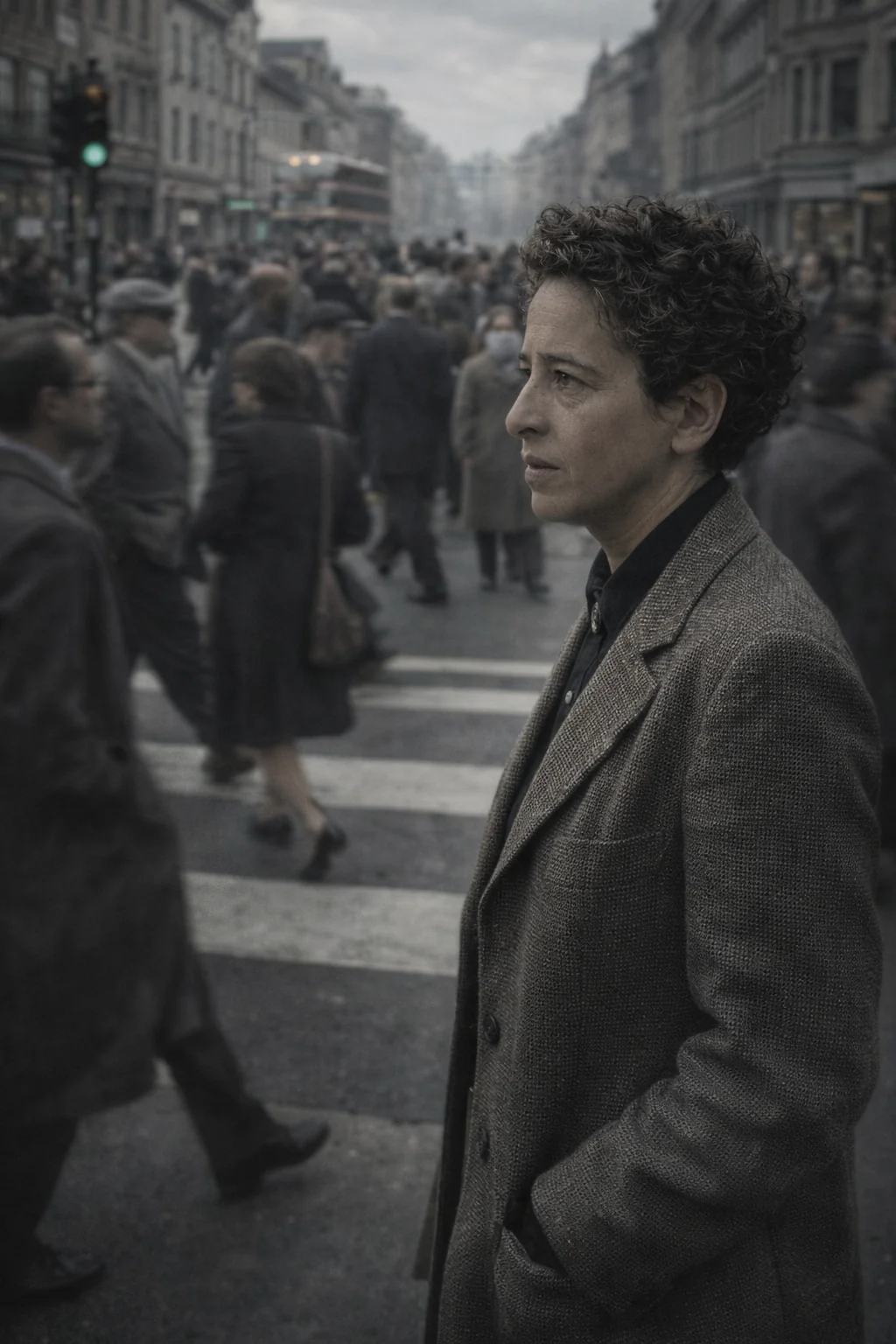 Hannah Arendt on a city street, recreation