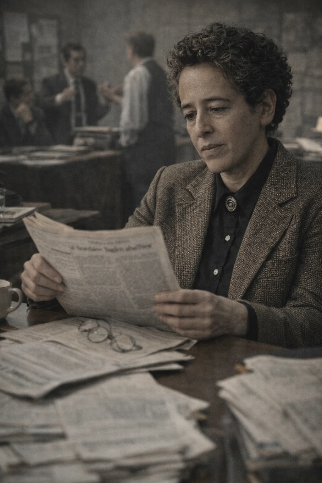 Hannah Arendt reading documents, recreation