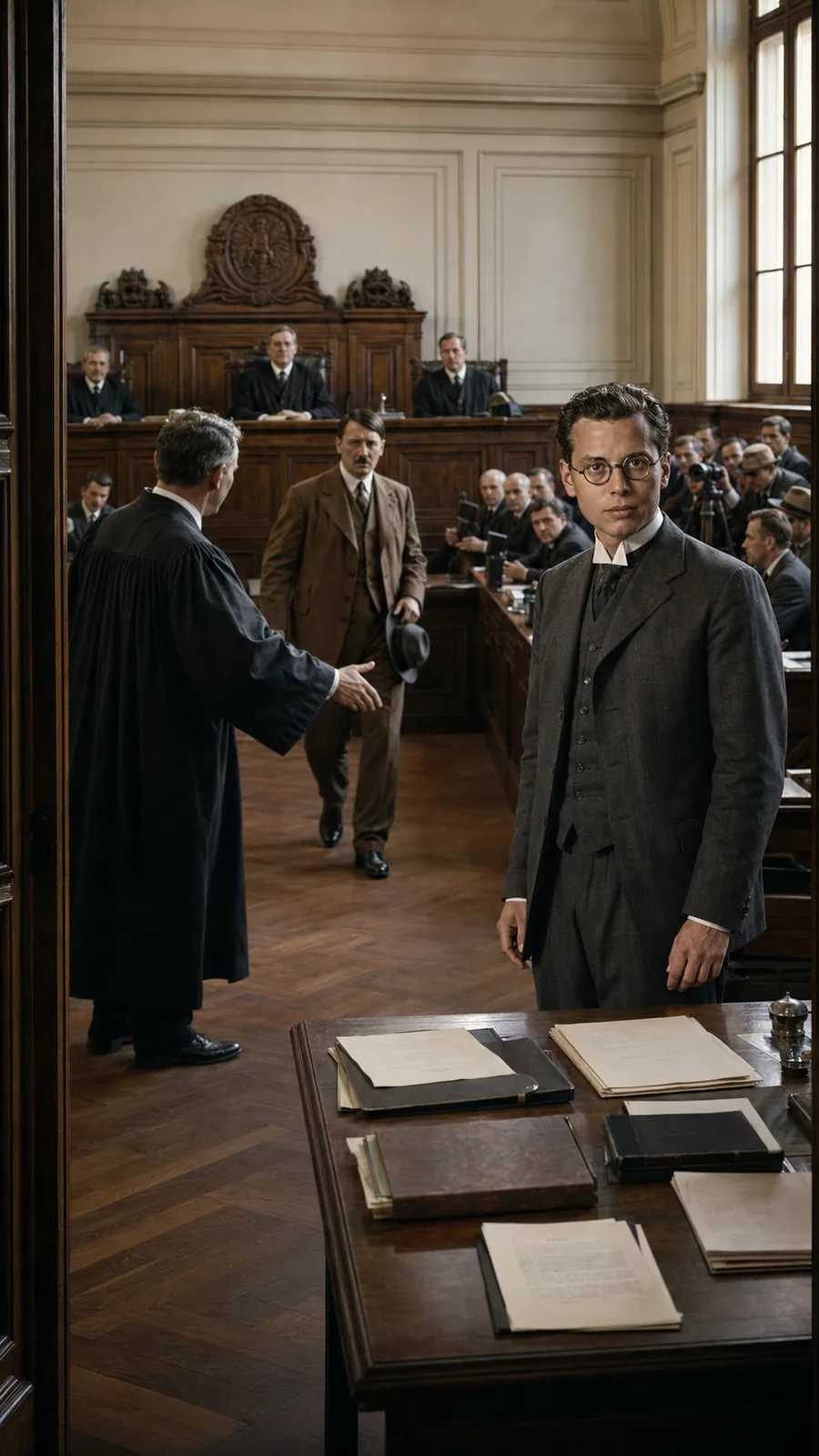Reconstruction of a German courtroom. AI-generated illustration; an artistic reconstruction, not a historical document.