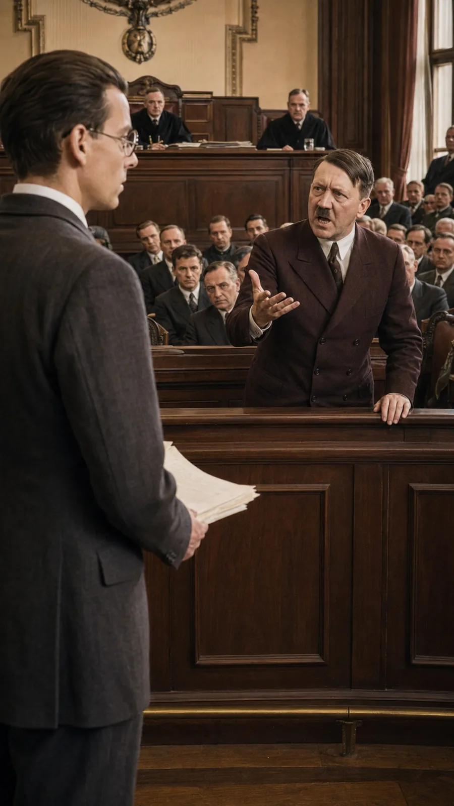 Reconstruction of Hitler’s questioning. AI-generated illustration; an artistic reconstruction, not a historical document.