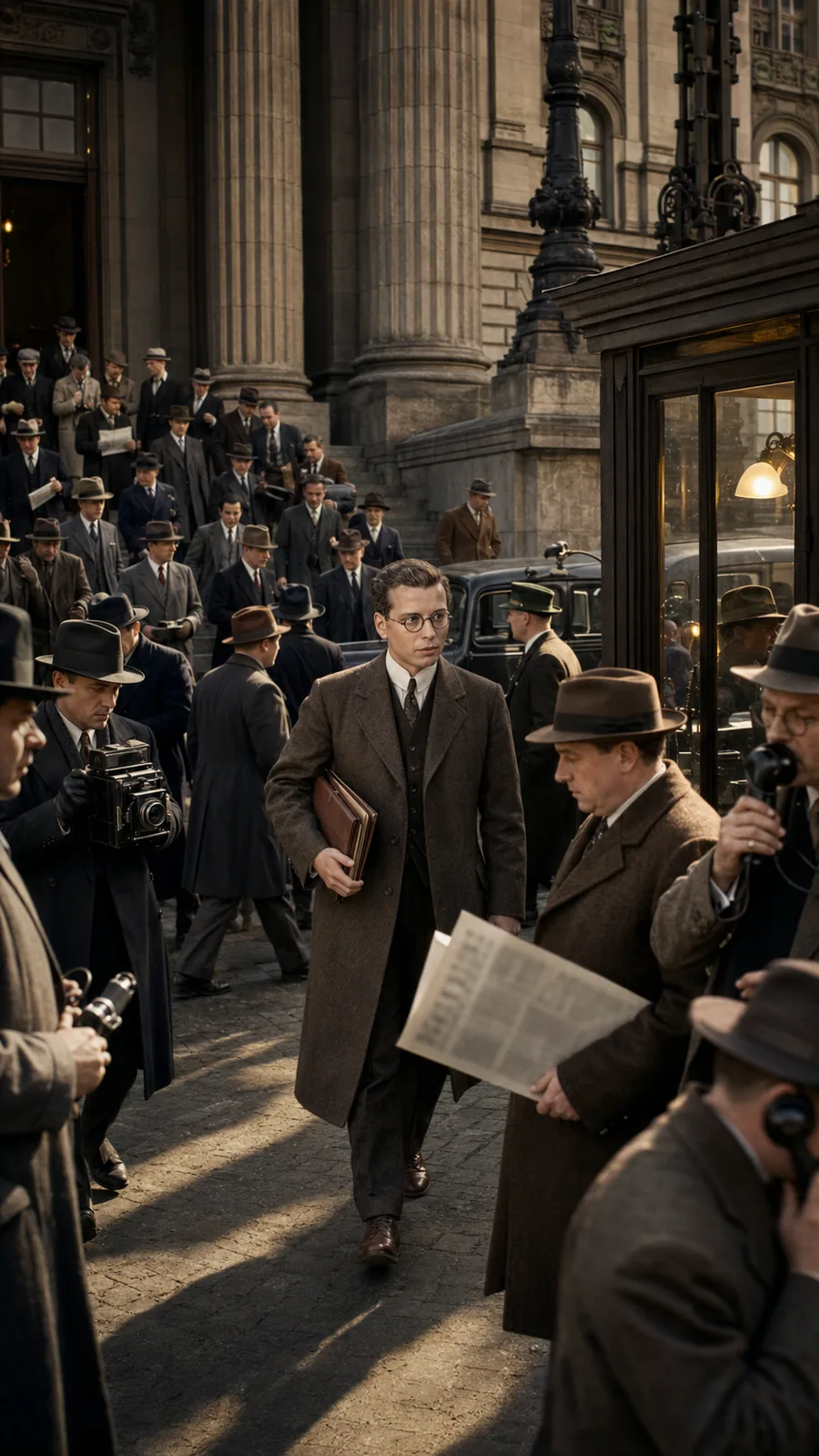 Hans Litten depicted leaving court. AI-generated illustration; an artistic reconstruction, not a historical document.