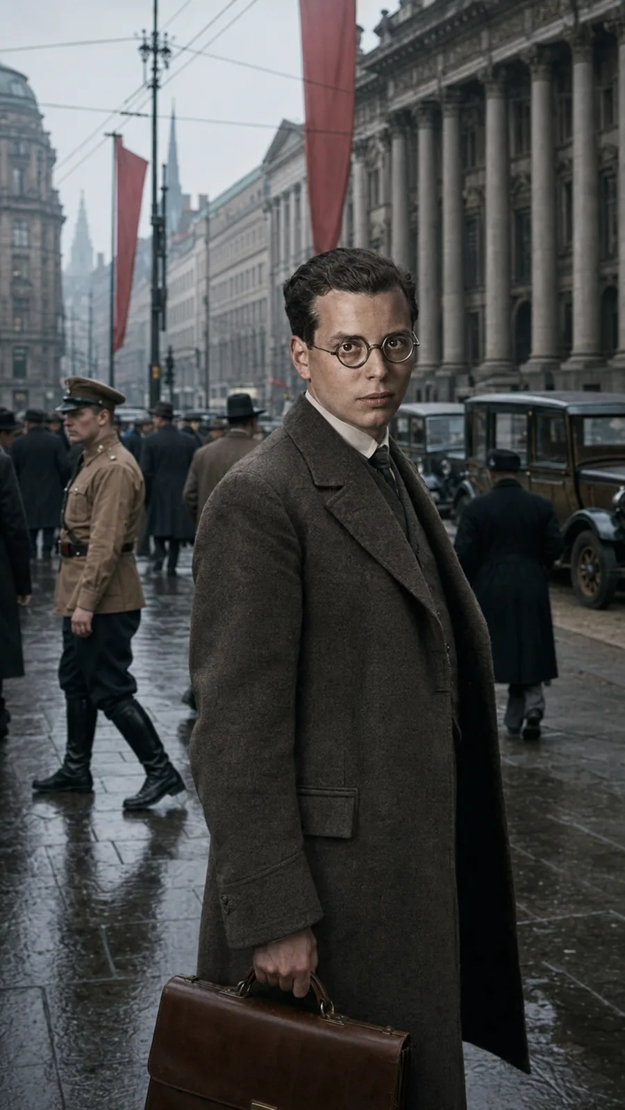 Reconstruction of a street during the Nazi rise. AI-generated illustration; an artistic reconstruction, not a historical document.