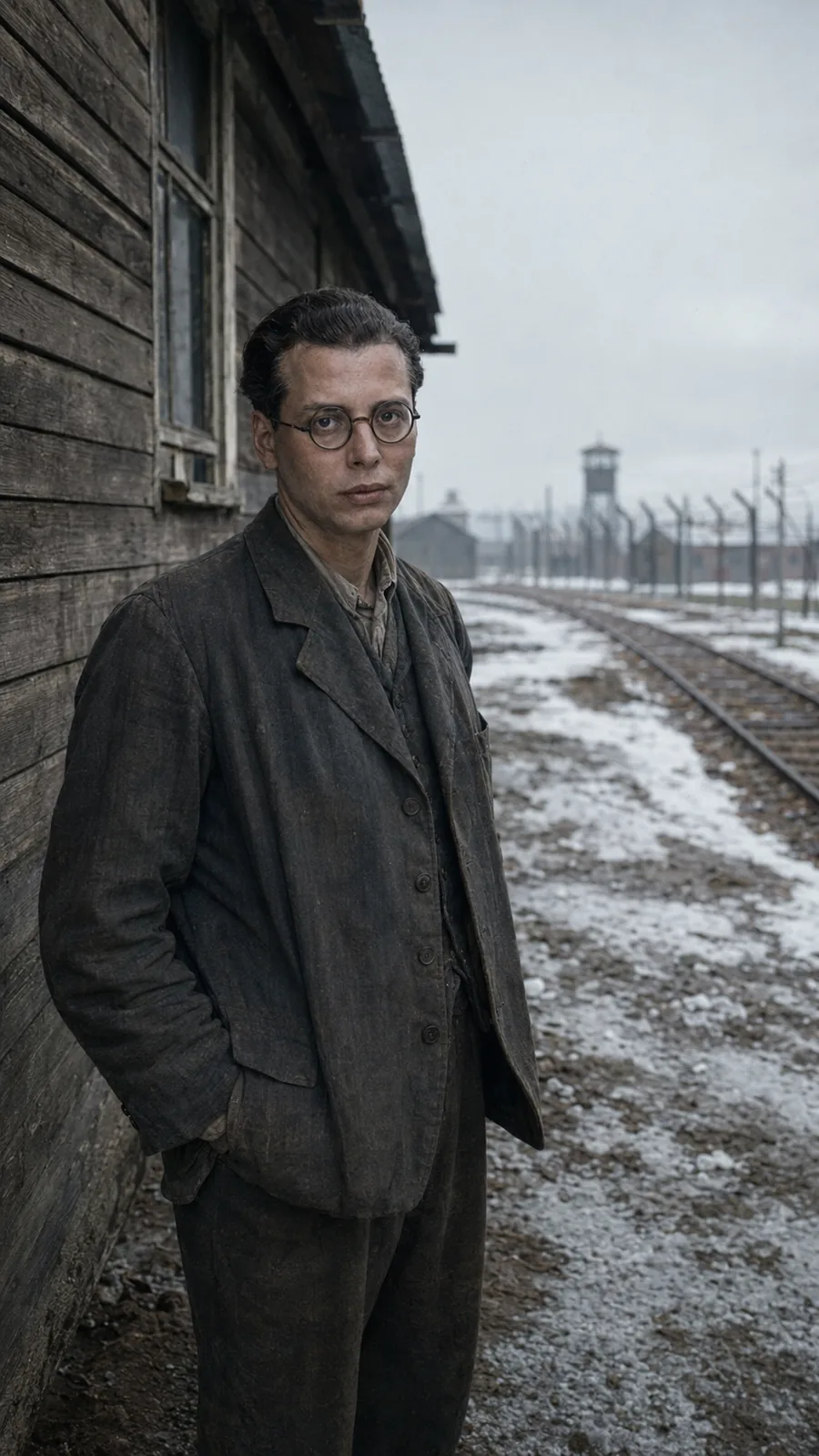 Hans Litten depicted in a concentration camp. AI-generated illustration; an artistic reconstruction, not a historical document.