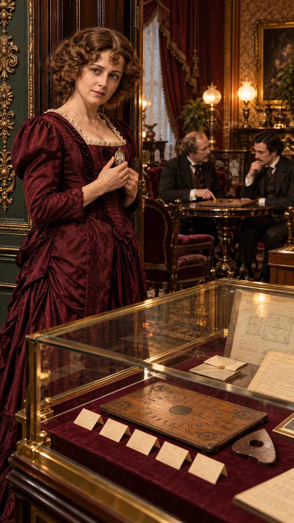Symbolic portrait of Helen Peters beside a display case