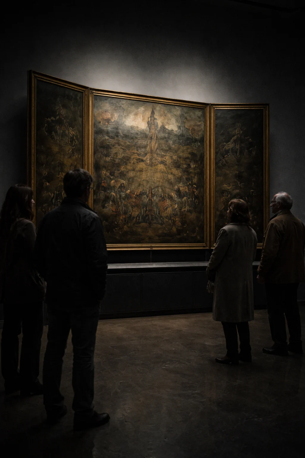 Visitors viewing an imaginary triptych — AI-generated illustration