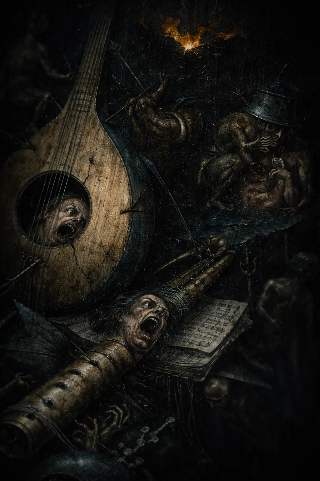 Musical instruments in a fantastical scene — AI-generated illustration