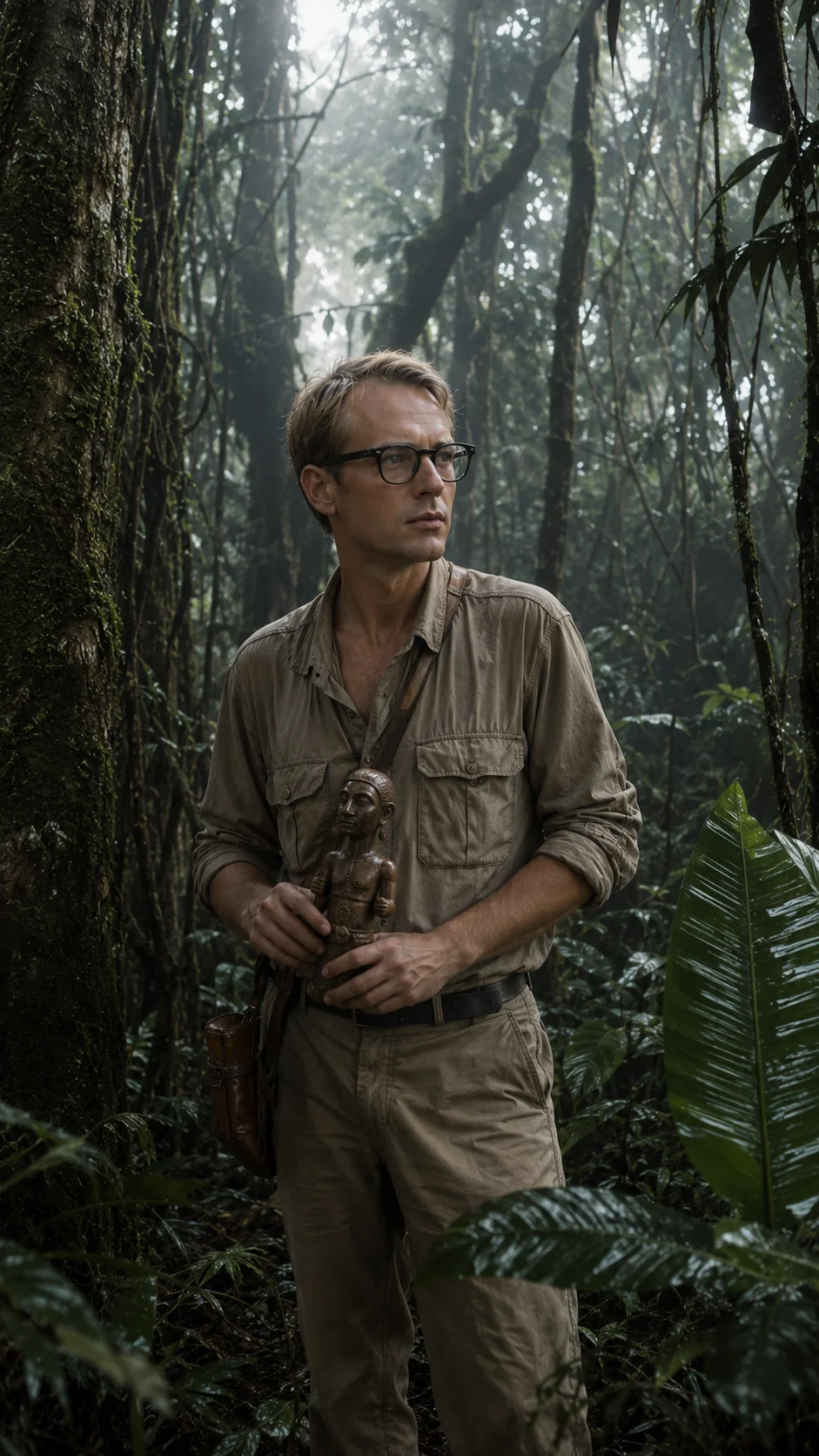 Recreated Michael Rockefeller in a forest setting