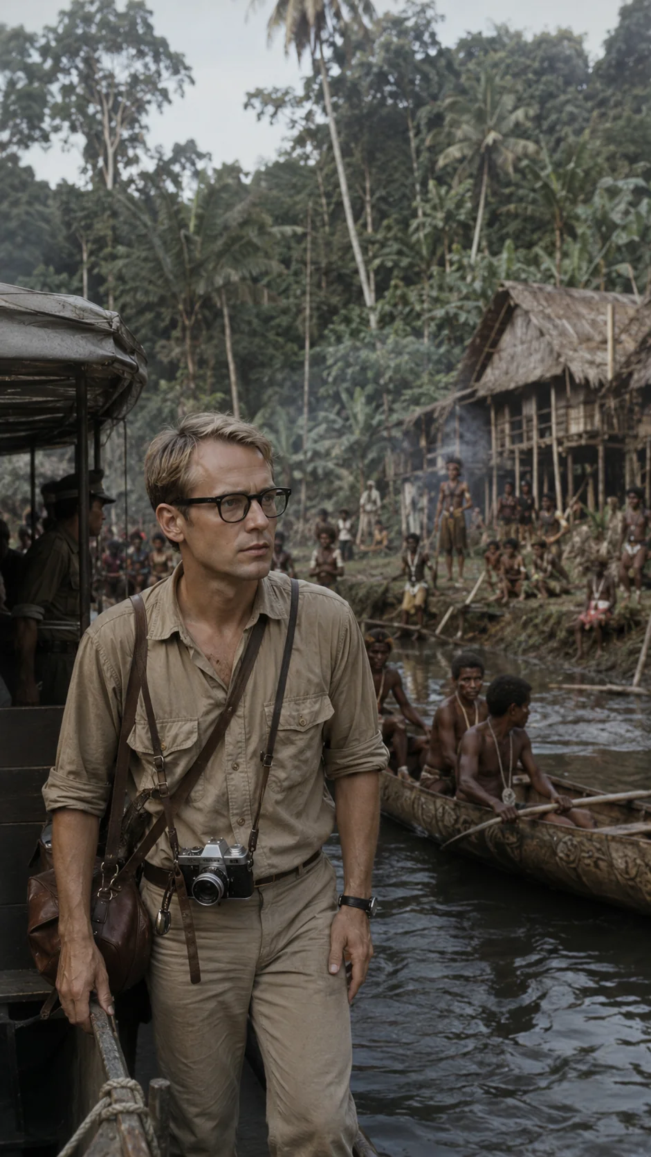 Recreated Michael Rockefeller beside waterside houses