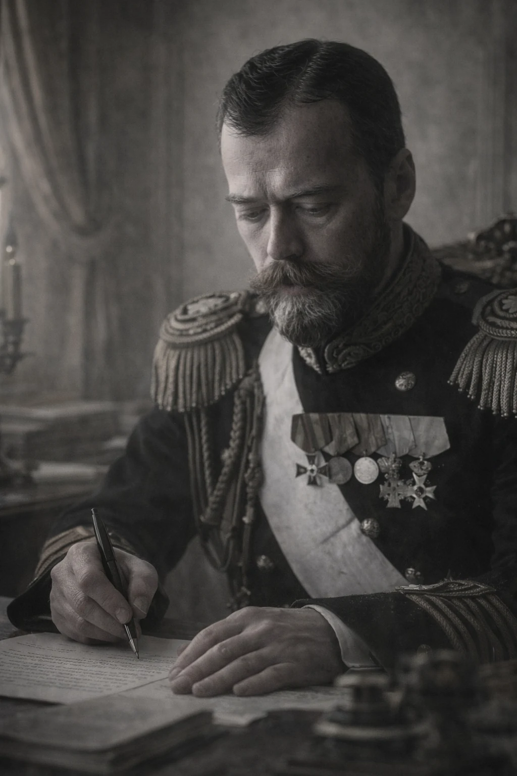Recreation of Nicholas II signing a document