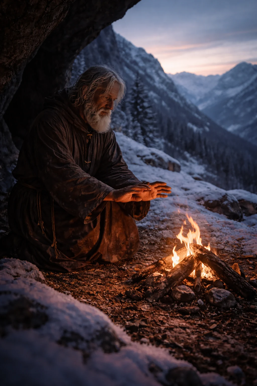 Pietro da Morrone beside a fire in a mountain refuge