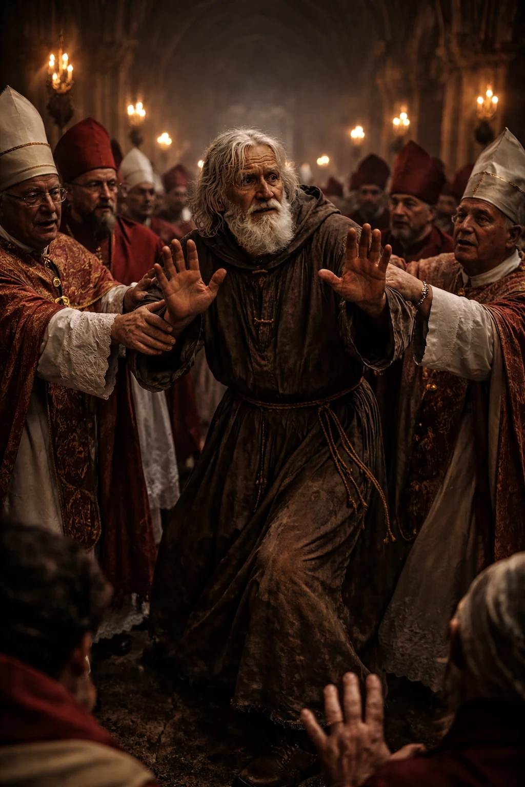 Recreation of the elderly hermit surrounded by churchmen