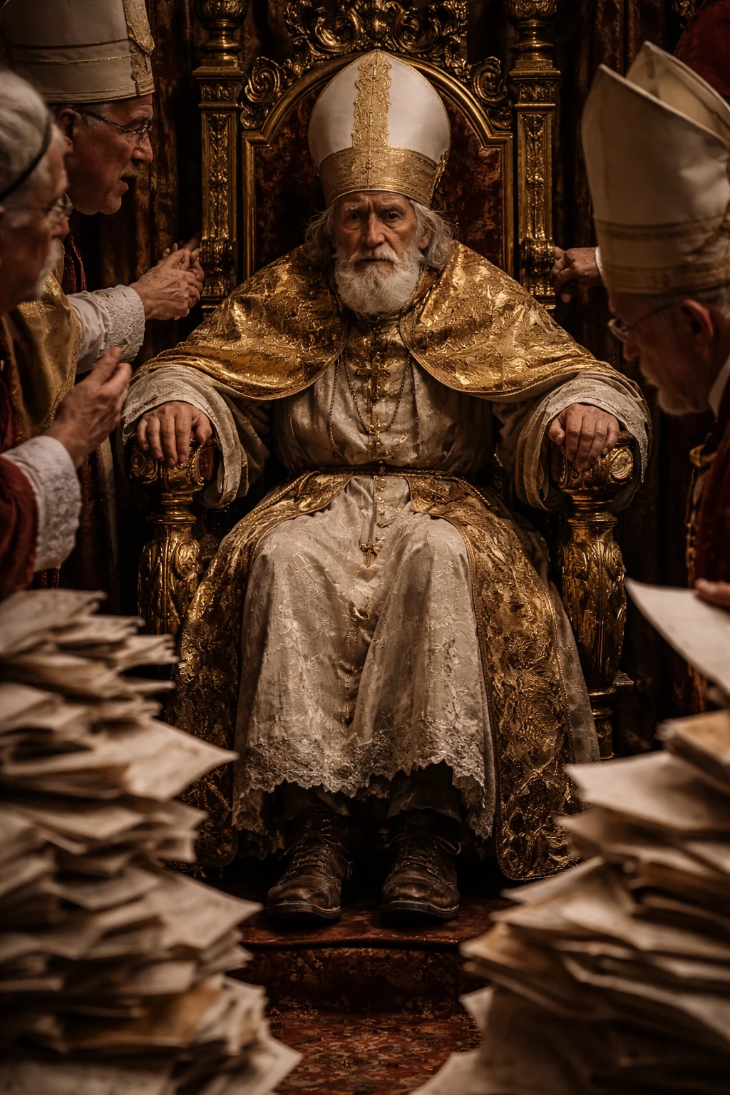 Celestine V seated in a papal throne