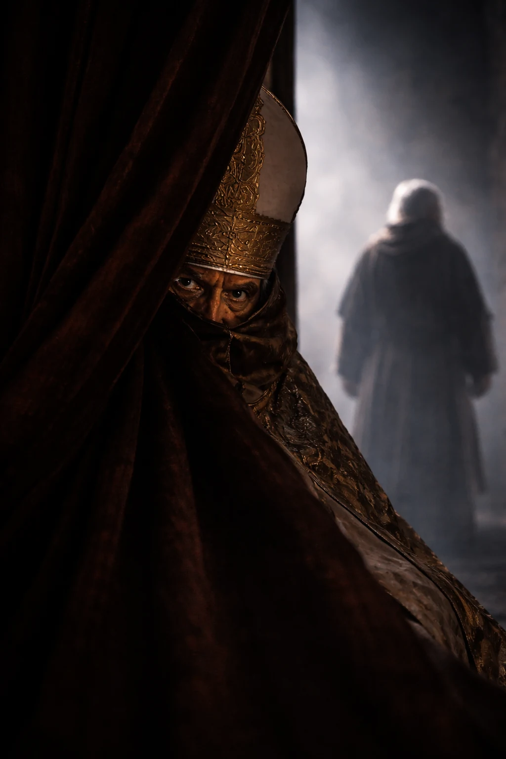 Symbolic scene of papal power and a departing hermit