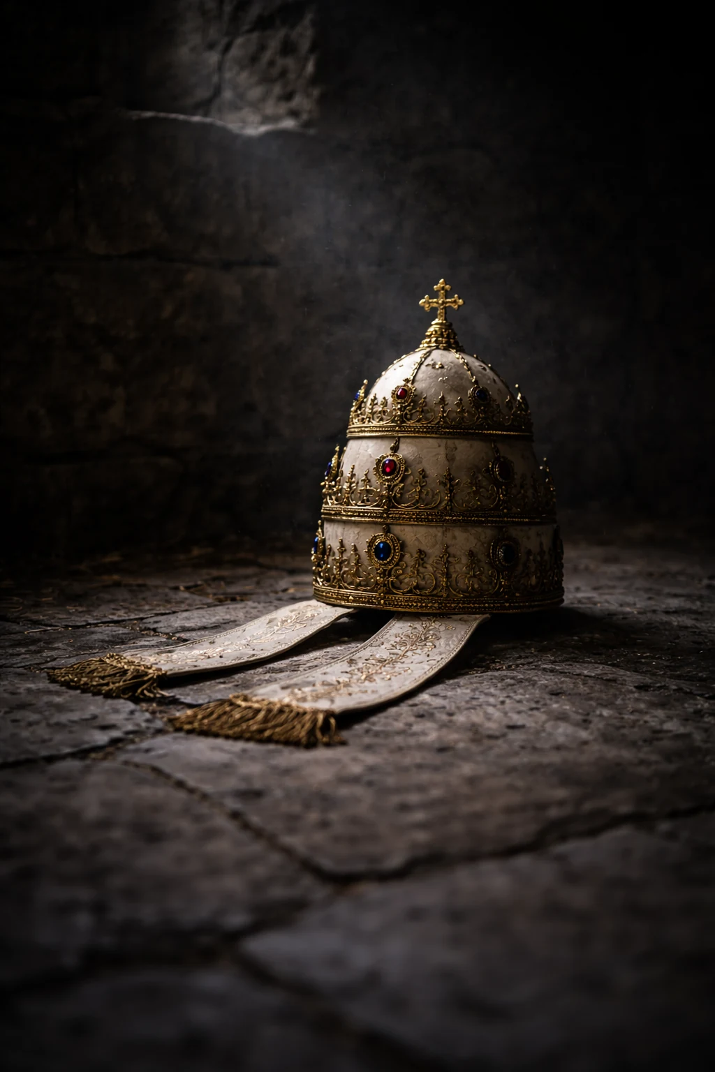 Symbolic papal insignia in an empty cell