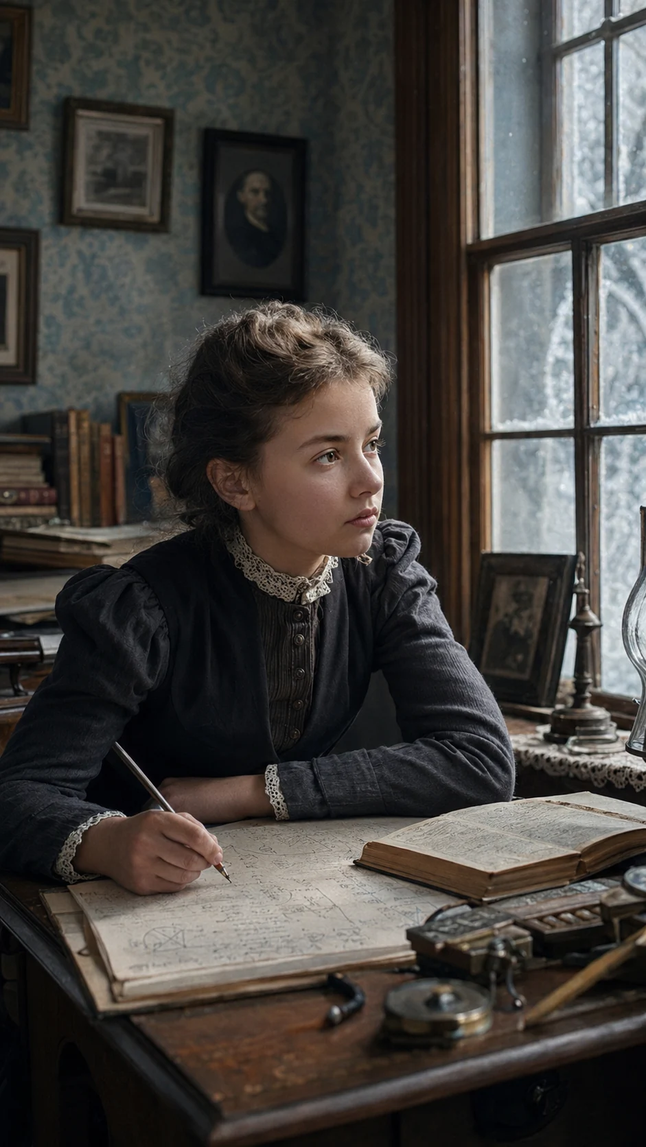 Kovalevskaya studying beside a window — AI