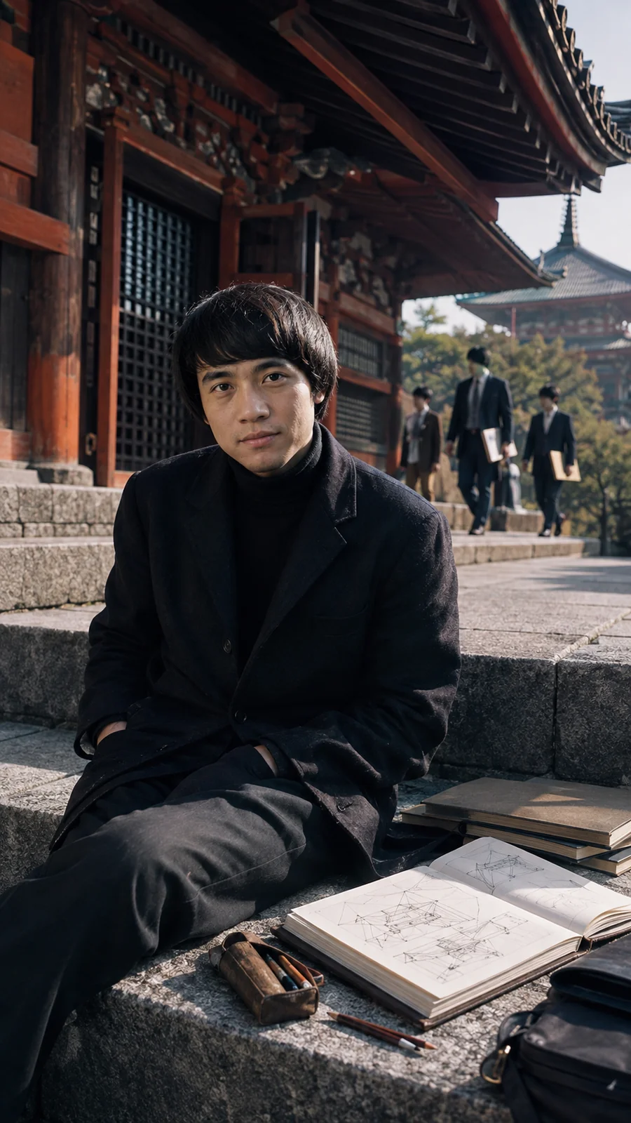 Tadao Ando depicted beside a temple with his sketchbooks. AI-generated artistic recreation; not a historical photograph.