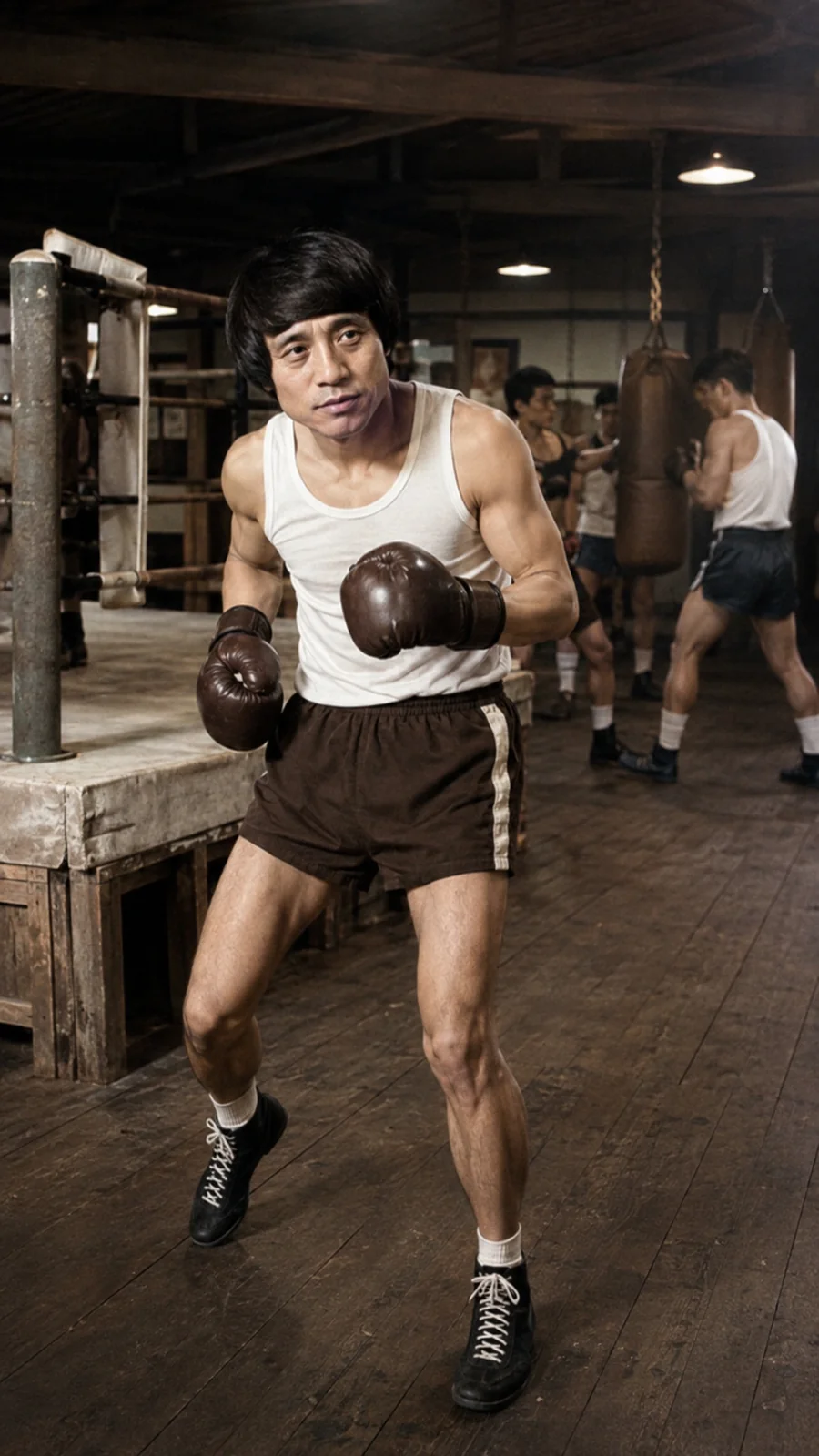 Recreation of Tadao Ando training as a boxer. AI-generated artistic recreation; not a historical photograph.