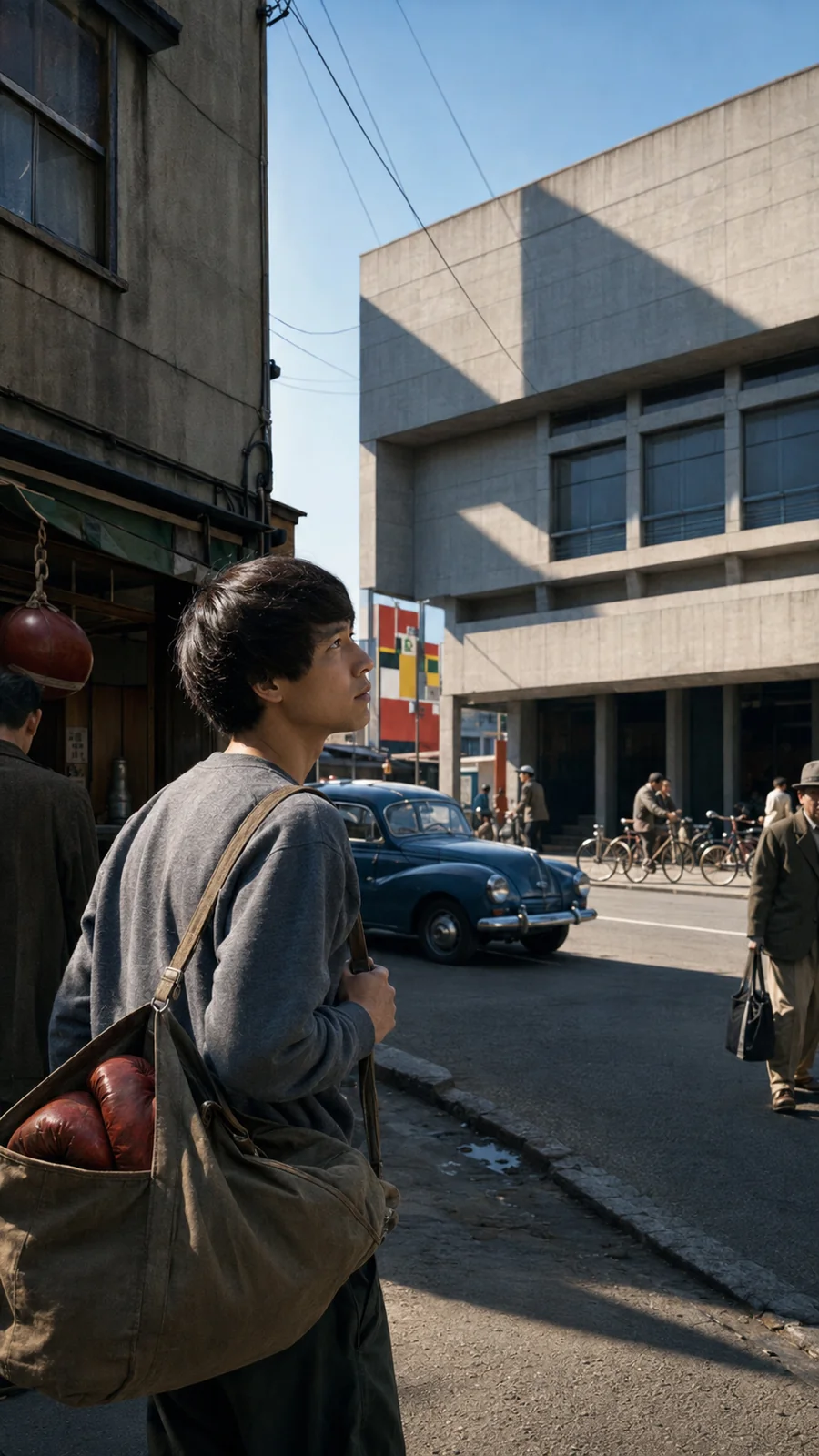Tadao Ando depicted observing urban architecture. AI-generated artistic recreation; not a historical photograph.
