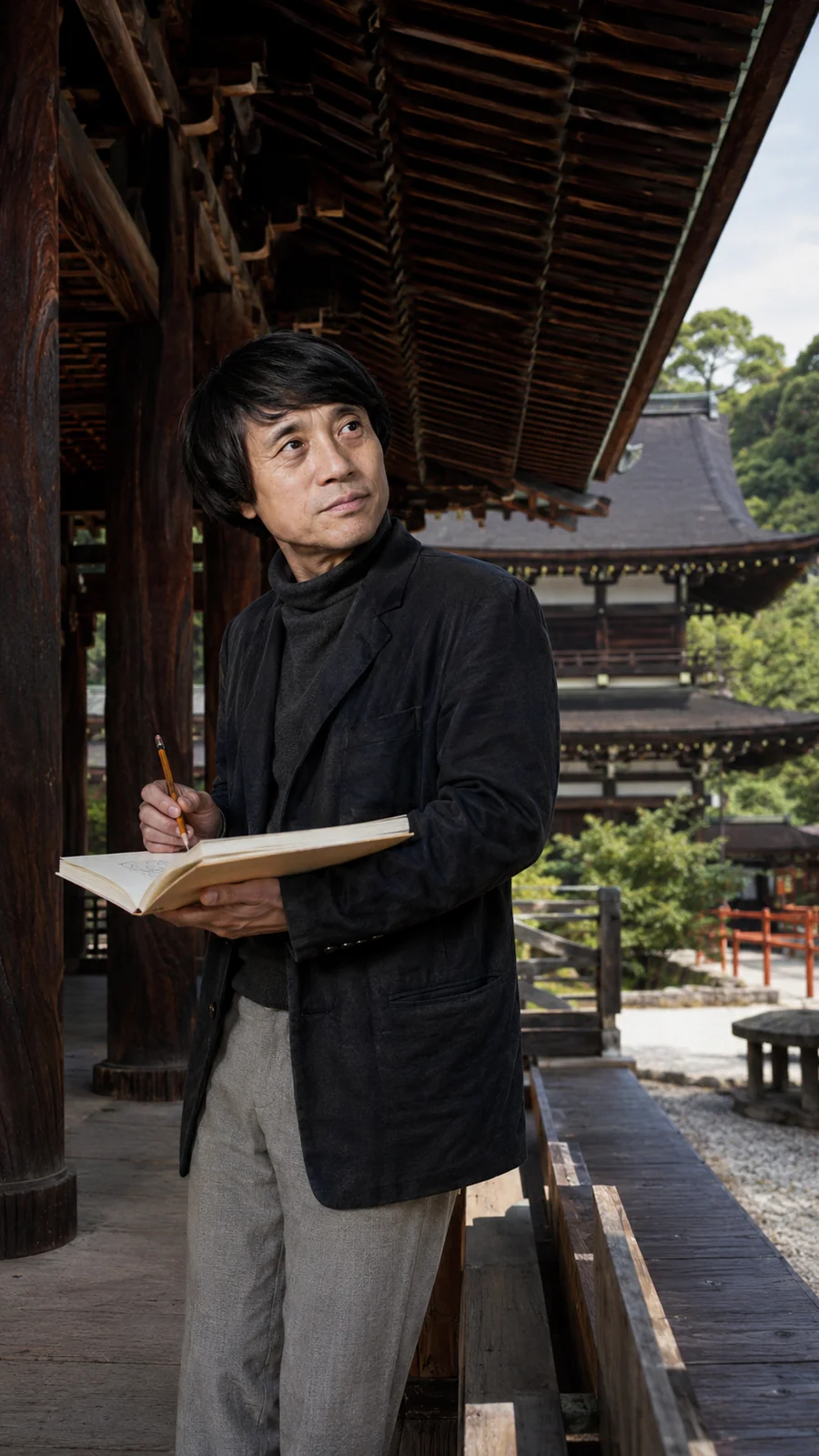 Recreation of Tadao Ando sketching at a temple. AI-generated artistic recreation; not a historical photograph.