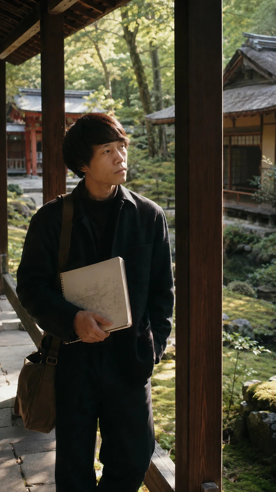 Tadao Ando depicted holding a notebook beside a garden. AI-generated artistic recreation; not a historical photograph.