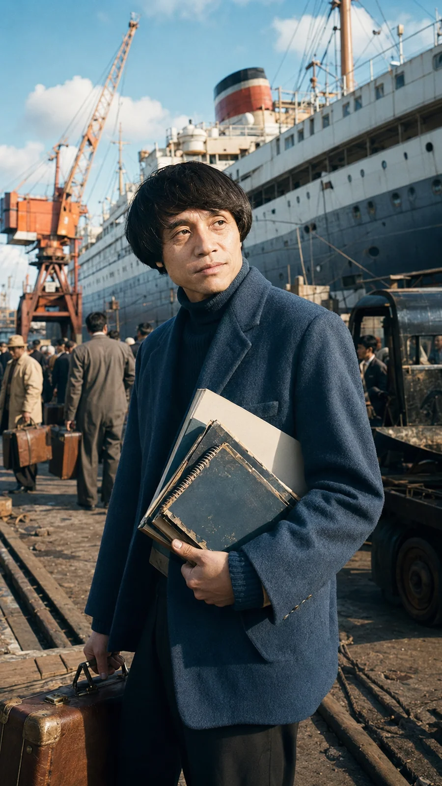 Recreation of Tadao Ando at a port during his travels. AI-generated artistic recreation; not a historical photograph.